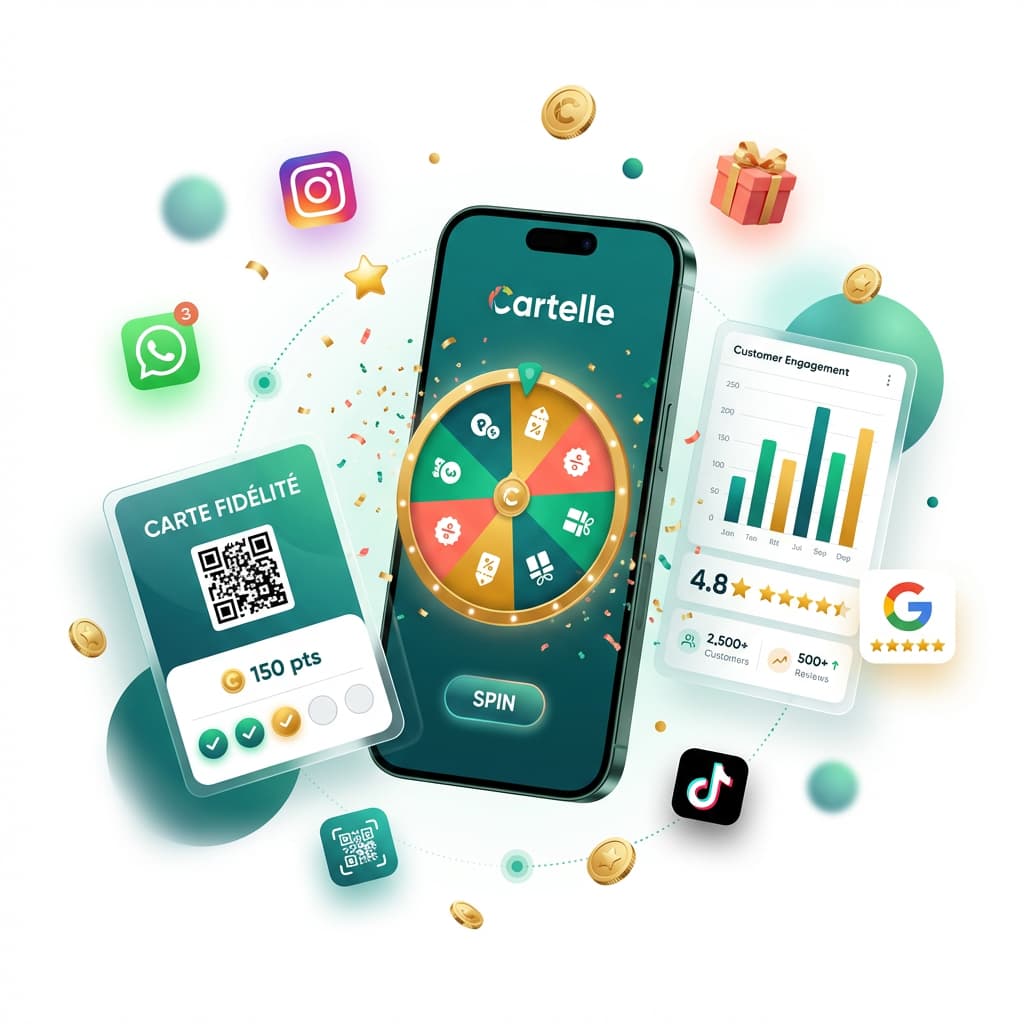 Cartelle — Roue, carte fidélité, QR code, WhatsApp